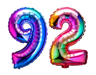 数字の92の形のホログラムカラーの風船（Number 92 hologram color foil balloon on white background）

