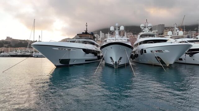 Row of sleek luxury yachts, docked in Port Hercules with the Monaco cityscape and misty hills in the background