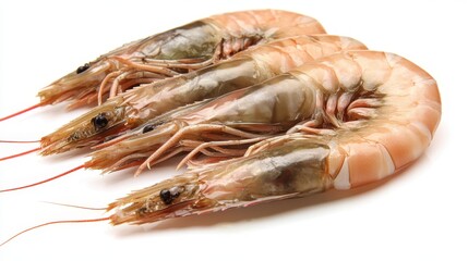 Fresh Raw Shrimp with Antennae and Shells on White Background