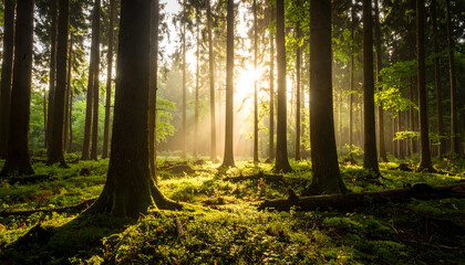 Fototapeta premium Sunlit Forest Interior with Tall Trees and Golden Sunlight Filtering through the Canopy Creating Atmospheric Shadows