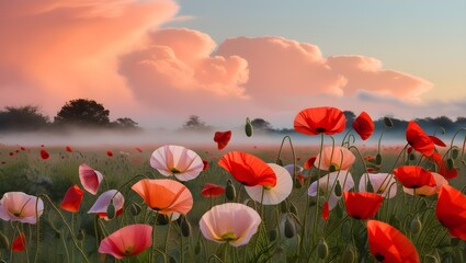 Obraz premium A beautiful field of vibrant red poppy flowers sways gently under a cloudy sky. Perfect for nature lovers and floral enthusiasts,