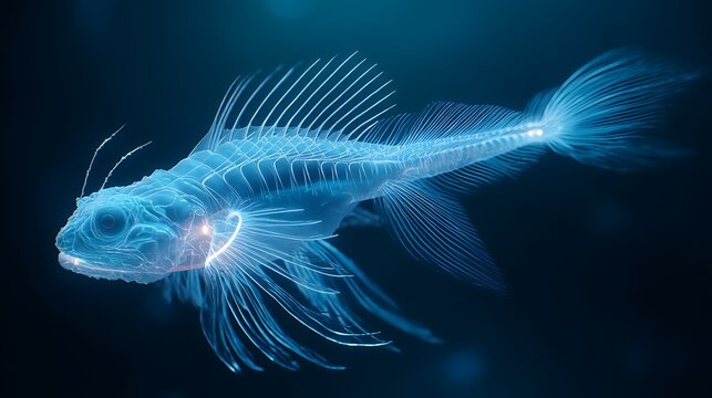 A bioluminescent dragonfish with long fins swimming in a glowing underwater cave 