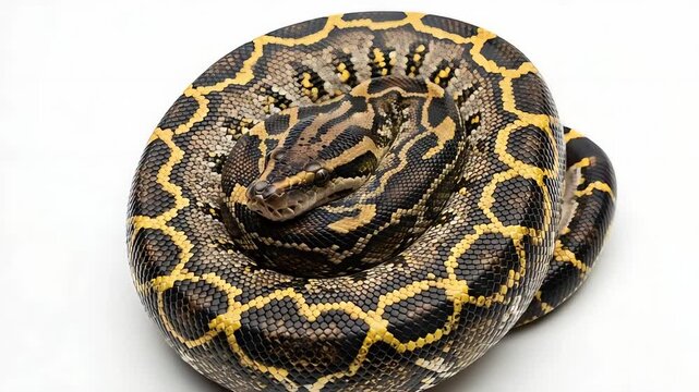 Close Up of a Coiled Python with Distinct Yellow and Black Scales on White