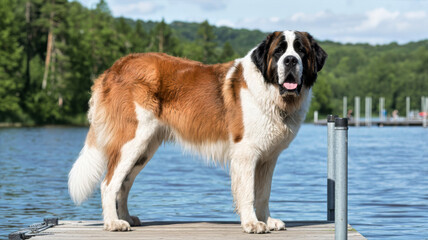 Saint Bernard dog standing on dock by lake with forest background