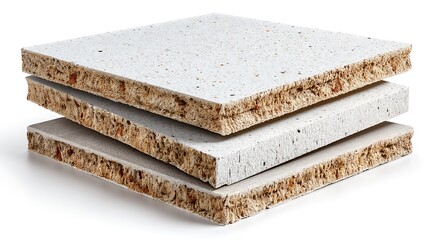 Stacked Gypsum Drywall Boards with Texture, Insulation, Construction, and White Background.