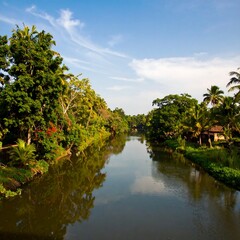 Calm river reflecting lush vegetation and houses under a vibrant sky