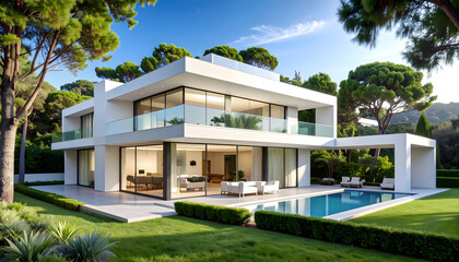 Modern Luxury Villa Exterior with Swimming Pool and Lush Green Garden on a Sunny Day
