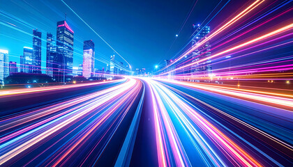 Illuminated Cityscape With Bright Light Trails Creating Dynamic Motion And Sense Of Speed Above Urban Road