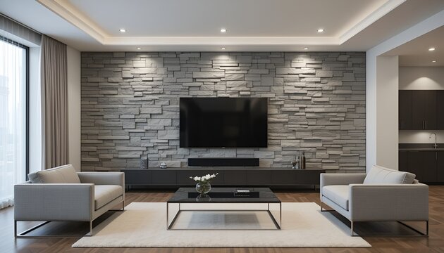 Serene living room showcases modern design with a textured stone wall and neutral tones.