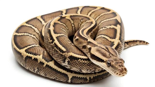 Closeup of a Coiled Snake with Unique Patterns Relaxing on a White Background