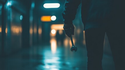 Worker with Wrench in Dark Tunnel Environment