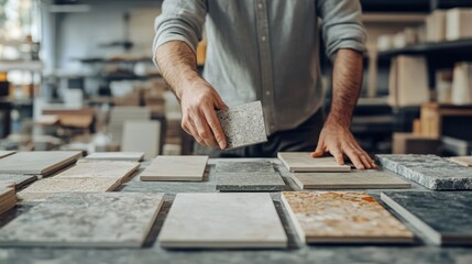 Man selecting stone tile samples in workshop
