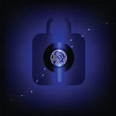 Digital fingerprint icon glowing in circular design, set against dark blue background with abstract lines and lights, symbolizing security and technology