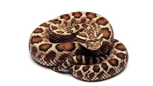 Coiled Brown and Tan Boa Constrictor Snake with Distinctive Patterns on White