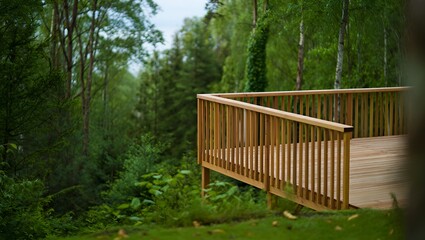 Fototapeta premium Wooden deck overlooks lush green forest, evoking tranquility and natural beauty in outdoors