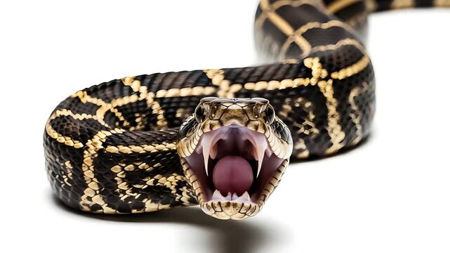 Coiled Python Snake Displaying Aggressive Behavior with Open Mouth and Striking