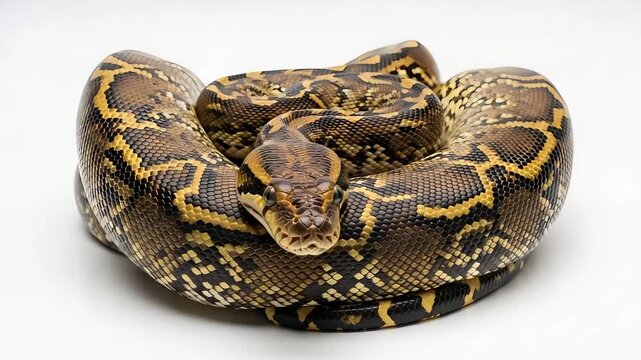 Coiled Python Snake Displaying Intricate Patterns on a White Background