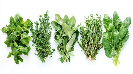 Obraz premium Fresh Herbs and Spinach Arrangement on White Background