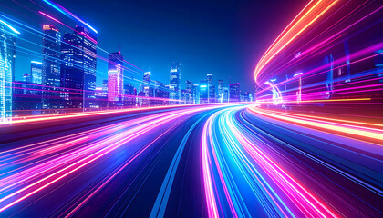 Obraz premium Abstract Digital Cityscape With Neon Lights Over Highway At Night Showing Speed And Motion