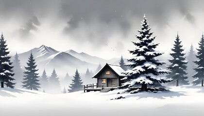 Fototapeta premium Watercolor scene of a winter landscape with snow, pine trees, and a cabin, embodying a festive Christmas atmosphere