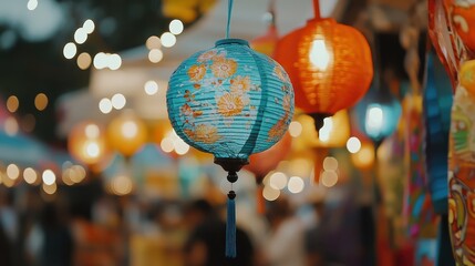 Obraz premium Colorful Lanterns Adorning Festive Night Market with Bokeh Lights