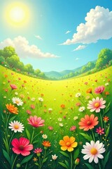 Fototapeta premium Sun-drenched meadow, artisan paper flowers scattered , nature, vibrant, meadow landscape