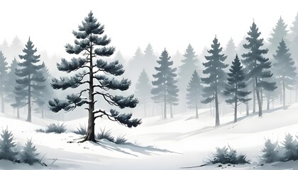 Obraz premium Winter forest background with fog and pine trees, evoking a peaceful Christmas vibe in a snowy landscape
