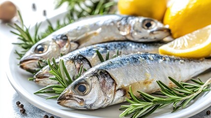 Fresh Sardines with Lemon and Rosemary on White Plate