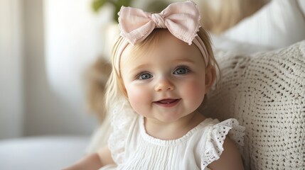 Adorable baby girl with a sweet smile wearing a pink bow headband