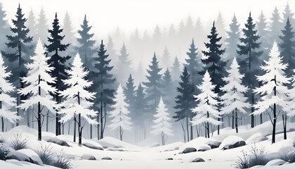 Fototapeta premium Snowy winter landscape featuring trees, a cabin, and Christmas decorations, evoking a cozy holiday atmosphere