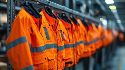 Orange safety jackets hanging factory warehouse industry