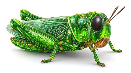 Fototapeta premium Vivid Green Grasshopper Insect Isolated on White Background Natures Beauty.