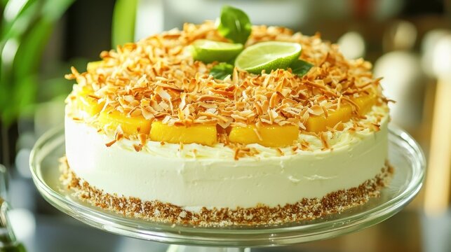 Delicious Tropical Cake with Coconut, Mango, and Lime Toppings