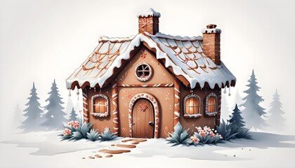 Charming winter cabin nestled in a snowy forest, decorated for Christmas with a wreath, snowflakes, and a nativity scene