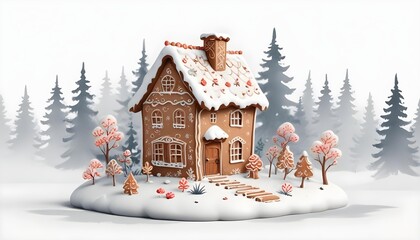 Naklejka premium Watercolor depiction of a winter cottage featuring a Christmas scene, complete with snow, a gingerbread house, and a snowman