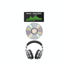 Digital music player graphic with CD, sound waves, and headphones.