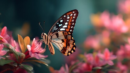 Naklejka premium A butterfly with open wings drinking nectar from a blooming flower