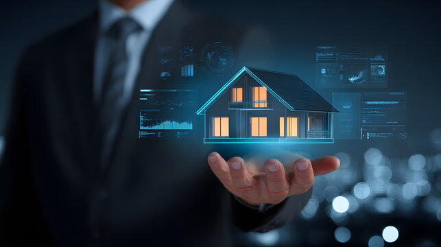 Businessman presenting digital house model with financial data
