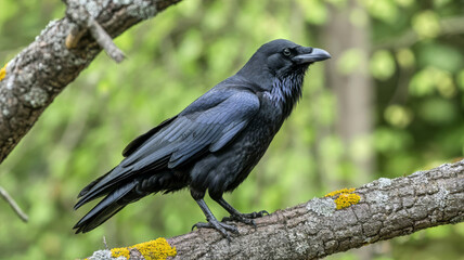 black crow perched on tree branch with green forest background
