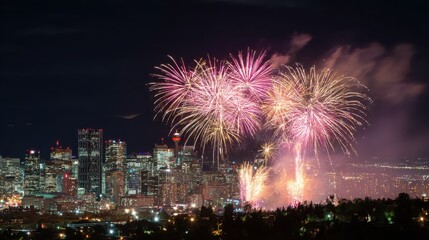 Vibrant Fireworks Display Over City Skyline at Night