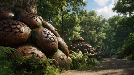 Obraz premium Enchanted Forest Pathway Surrounded by Magical Turtle Shells