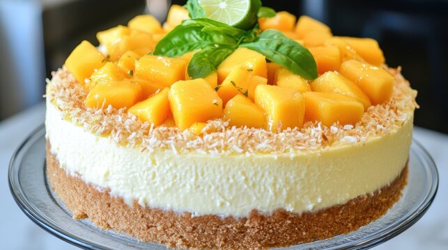 Delicious mango cheesecake with coconut and lime garnish - Powered by Adobe