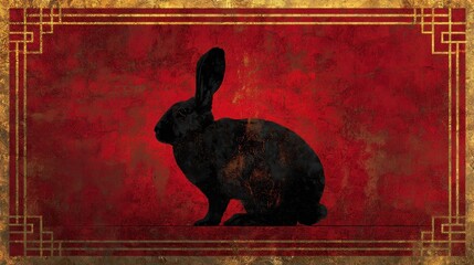 Silhouette of Rabbit on Ornate Red and Gold Background Design