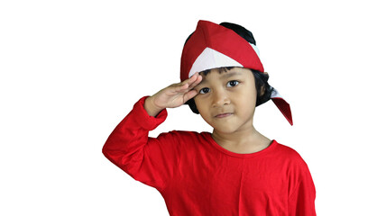 a little girl wearing a red dress and an indonesian flag headband,saluting