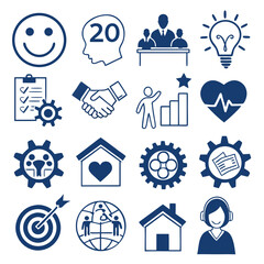 A collection of blue line art icons representing business success teamwork health and personal growth presented on a white background