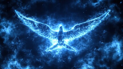 Ethereal Blue Bird Glowing in Cosmic Space Against Dark Background