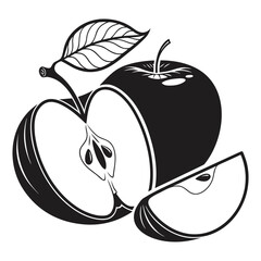 A stylized black and white illustration of a whole apple a half cut apple revealing its seeds and a single apple slice