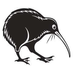 Fototapeta premium A stylized black silhouette of a kiwi bird with a long beak and distinctive fluffy feathers presented against a clean white background