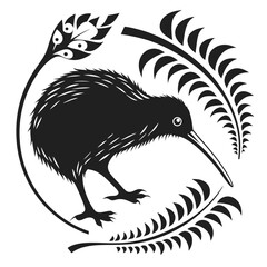 Stylized black kiwi bird silhouette surrounded by fern fronds and a circular border emblematic of new zealand culture and nature © Atiar