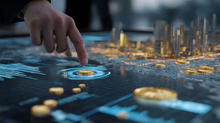 Hand Interacting With Futuristic Digital City And Cryptocurrency